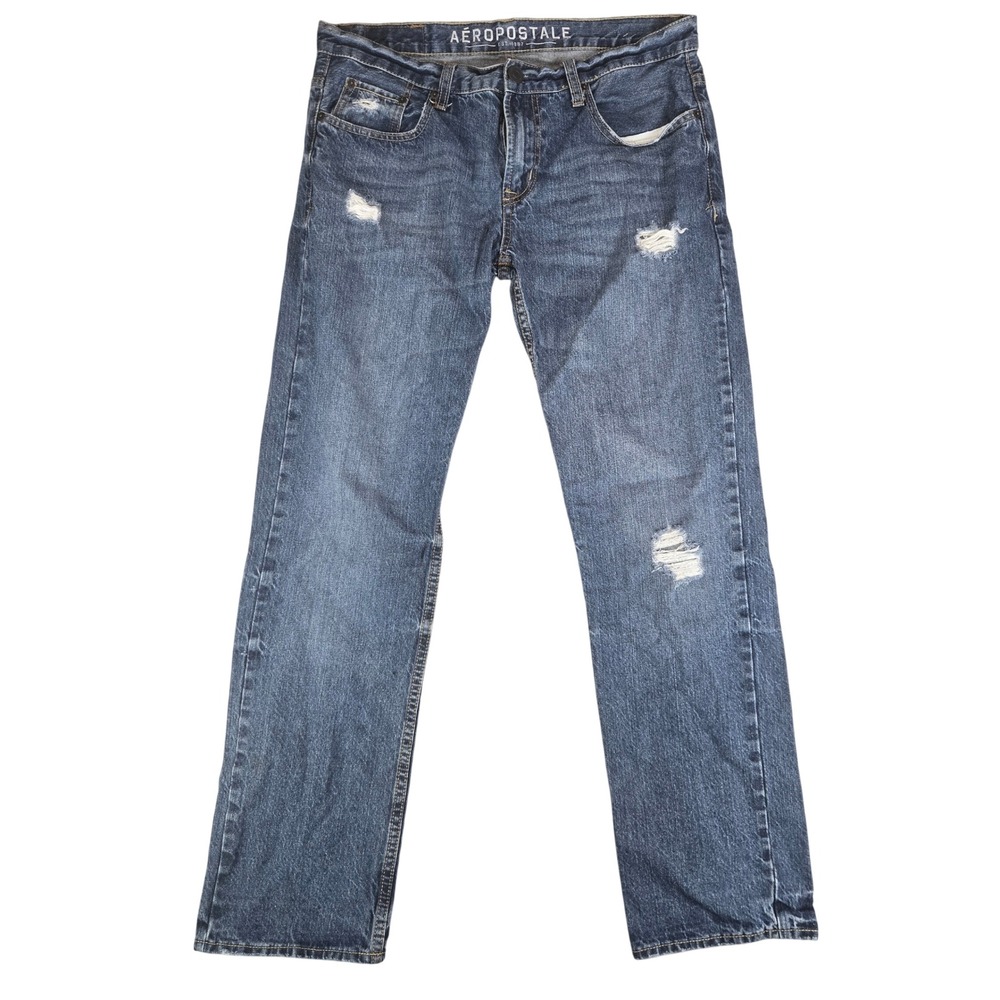 Aeropostale Bowery Straight Jeans Men 33 Blue Distressed Denim Western Cowboy